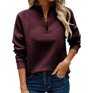 imageECOWISH Women Tops Quarter Zip Fall Winter Tunics Casual Oversized Pullover Ribbed Quilted V Neck Collared Outfits Loose 202523wine Red