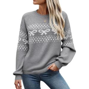 imageECOWISH Bow Sweater Women Christmas Casual Long Sleeve Knit Tops Crew Neck Jumper Pullover Oversized Outfit Fall Winter 2025Gray