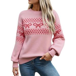 imageECOWISH Bow Sweater Women Christmas Casual Long Sleeve Knit Tops Crew Neck Jumper Pullover Oversized Outfit Fall Winter 2025Pink