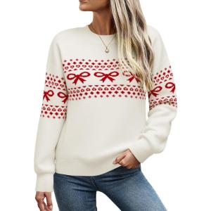 imageECOWISH Bow Sweater Women Christmas Casual Long Sleeve Knit Tops Crew Neck Jumper Pullover Oversized Outfit Fall Winter 2025White