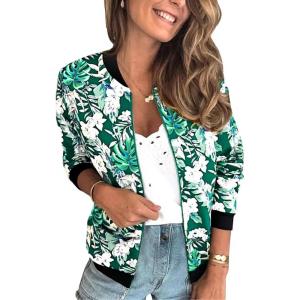 imageECOWISH Womens Casual Floral Zip Up Bomber Jacket Coat Lightweight Short Camo No Lining Outwear Tops Windbreaker with Pocket333emerald Green