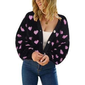 imageECOWISH Women Floral Cropped Cardigan Fall Long Sleeve Open Front Fuzzy Daisy Print Knit Sweaters Casual Y2k Outerwear407 Black