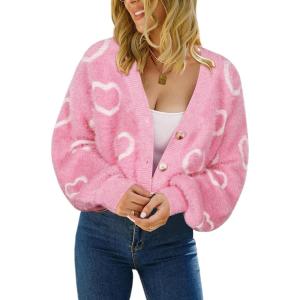 imageECOWISH Women Floral Cropped Cardigan Fall Long Sleeve Open Front Fuzzy Daisy Print Knit Sweaters Casual Y2k Outerwear460pink