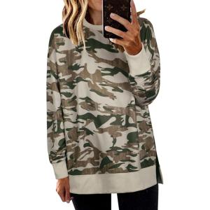 imageECOWISH Women Side Split Sweatshirt Fall Crewneck Long Sleeve Oversized Camo Shirts Casual Camouflage Print Pullover Tops017 Army Green