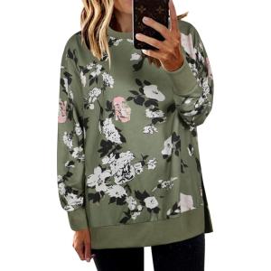 imageECOWISH Women Side Split Sweatshirt Fall Crewneck Long Sleeve Oversized Camo Shirts Casual Camouflage Print Pullover Tops017 Green Flower