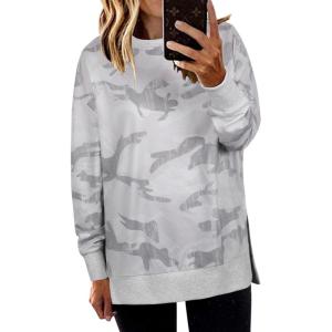 imageECOWISH Women Side Split Sweatshirt Fall Crewneck Long Sleeve Oversized Camo Shirts Casual Camouflage Print Pullover Tops017 Grey