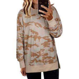 imageECOWISH Women Side Split Sweatshirt Fall Crewneck Long Sleeve Oversized Camo Shirts Casual Camouflage Print Pullover Tops017 Red Brown