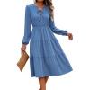 imageECOWISH Women 2025 Casual Tie Front Pleated Long Sleeve Dresses Elastic Waist Tiered Ruffle Flowy Midi Dress with PocketsGrey Blue