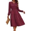 imageECOWISH Women 2025 Casual Tie Front Pleated Long Sleeve Dresses Elastic Waist Tiered Ruffle Flowy Midi Dress with PocketsWine Red