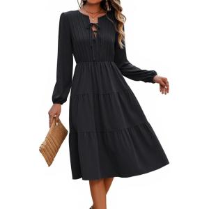 imageECOWISH Women 2025 Casual Tie Front Pleated Long Sleeve Dresses Elastic Waist Tiered Ruffle Flowy Midi Dress with PocketsBlack