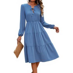 imageECOWISH Women 2025 Casual Tie Front Pleated Long Sleeve Dresses Elastic Waist Tiered Ruffle Flowy Midi Dress with PocketsGrey Blue