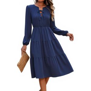 imageECOWISH Women 2025 Casual Tie Front Pleated Long Sleeve Dresses Elastic Waist Tiered Ruffle Flowy Midi Dress with PocketsNavy Blue