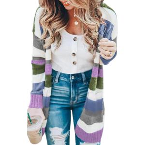 imageECOWISH Women Cardigan Sweaters Long Floral Striped Winter Fall Long Sleeve Open Front Cozy Knitted Daisy Fuzzy Coats OutwearPurple