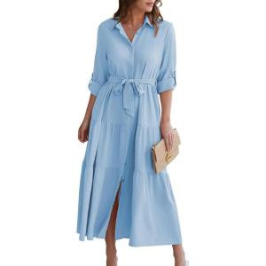 imageECOWISH Womens Maxi Shirt Dress  2026 Long Sleeve Button Casual Fall Aline Work Tiered Dresses with Belt and PocketsBlue