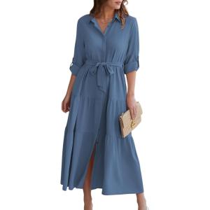 imageECOWISH Womens Maxi Shirt Dress  2026 Long Sleeve Button Casual Fall Aline Work Tiered Dresses with Belt and PocketsGray Blue