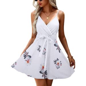 imageECOWISH Summer Dresses for Women 2026 VNeck Spaghetti Strap Bowknot Backless Sleeveless Lace Mini Swing Skater Dress3254 White