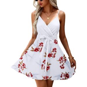imageECOWISH Summer Dresses for Women 2026 VNeck Spaghetti Strap Bowknot Backless Sleeveless Lace Mini Swing Skater Dress3254 White Red