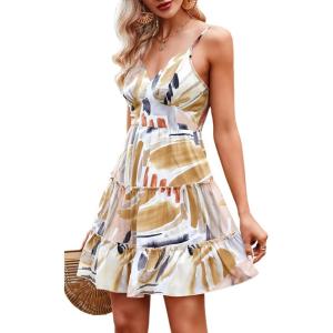 imageECOWISH Summer Dresses for Women 2026 VNeck Spaghetti Strap Bowknot Backless Sleeveless Lace Mini Swing Skater Dress3259 Coffee