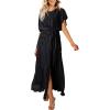 imageECOWISH Women Maxi Dresses Cocktail Party Wedding Guest Formal Pleated Long Dress Short Sleeve Slit Empire Waist Evening GownBlack