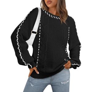 imageECOWISH Oversized Sweaters for Women Fall Winter Cable Knit Chunky Color Block Tops Jumper Long Sleeve Crewneck Pullover 2026Black