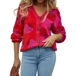 imageECOWISH Women Floral Cropped Cardigan Fall Long Sleeve Open Front Fuzzy Daisy Print Knit Sweaters Casual Y2k OuterwearStrawberryred