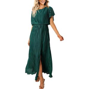 imageECOWISH Women Maxi Dresses Cocktail Party Wedding Guest Formal Pleated Long Dress Short Sleeve Slit Empire Waist Evening GownGreen