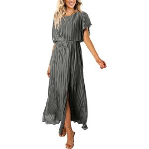 imageECOWISH Women Maxi Dresses Cocktail Party Wedding Guest Formal Pleated Long Dress Short Sleeve Slit Empire Waist Evening GownGrey