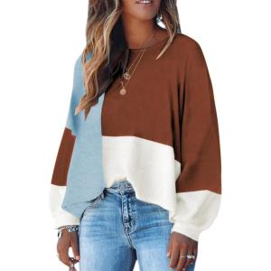 image:imageECOWISH Women Sweater Long Sleeve Color Block Knit Pullover Sweaters Crew Neck Patchwork Casual Loose Jumper TopsBrown