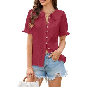 image:imageECOWISH Womens Button Up Shirt  Peter Pan Collar Frilled Short Sleeve Summer Tops Casual Cotton Retro Floral BlouseWine Red