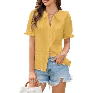 image:imageECOWISH Womens Button Up Shirt  Peter Pan Collar Frilled Short Sleeve Summer Tops Casual Cotton Retro Floral BlouseYellow