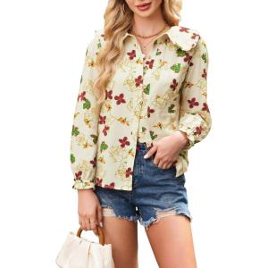 image:imageECOWISH Womens Long Sleeve Shirts  Peter Pan Collar Button Down Blouse Dressy Casual Puff Cotton Elegant Fall Tops3461 Beige