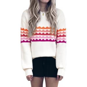 image:imageECOWISH Womens Sweater Rainbow Colorful Striped Sweaters Long Sleeve Crew Neck Color Block Casual Pullover Blouse Tops3474 Beige