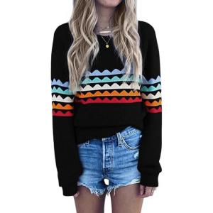 image:imageECOWISH Womens Sweater Rainbow Colorful Striped Sweaters Long Sleeve Crew Neck Color Block Casual Pullover Blouse Tops3474 Black