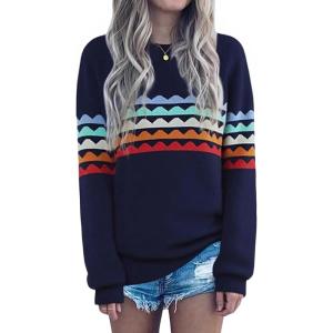 image:imageECOWISH Womens Sweater Rainbow Colorful Striped Sweaters Long Sleeve Crew Neck Color Block Casual Pullover Blouse Tops3474 Navy