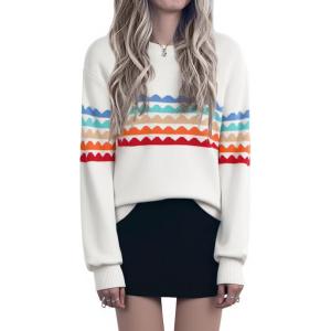 image:imageECOWISH Womens Sweater Rainbow Colorful Striped Sweaters Long Sleeve Crew Neck Color Block Casual Pullover Blouse Tops3474 White