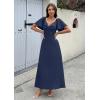 image:imageECOWISH Womens Summer Maxi Dresses 2026 Casual Flutter Short Sleeve Twist Front Long Flowy Wedding Guest Dress with Pockets482navy Blue
