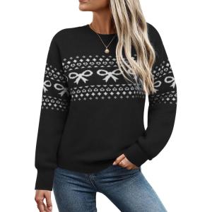 image:imageECOWISH Bow Sweater Women Valentine Casual Long Sleeve Knit Tops Crew Neck Jumper Pullover Oversized Outfit Fall Winter 2026Black