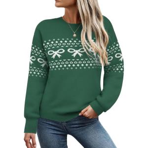 image:imageECOWISH Bow Sweater Women Valentine Casual Long Sleeve Knit Tops Crew Neck Jumper Pullover Oversized Outfit Fall Winter 2026Green