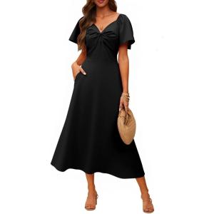 image:imageECOWISH Womens Summer Maxi Dresses 2026 Casual Flutter Short Sleeve Twist Front Long Flowy Wedding Guest Dress with Pockets482black