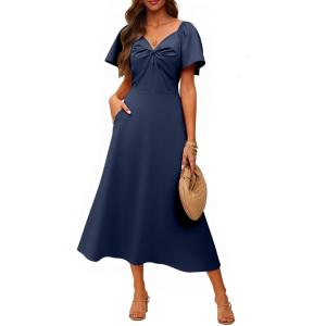 image:imageECOWISH Womens Summer Maxi Dresses 2026 Casual Flutter Short Sleeve Twist Front Long Flowy Wedding Guest Dress with Pockets482navy Blue