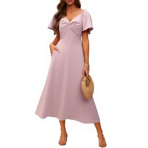 image:imageECOWISH Womens Summer Maxi Dresses 2026 Casual Flutter Short Sleeve Twist Front Long Flowy Wedding Guest Dress with Pockets482pink