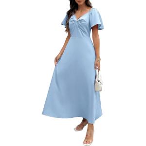 image:imageECOWISH Womens Summer Maxi Dresses 2026 Casual Flutter Short Sleeve Twist Front Long Flowy Wedding Guest Dress with Pockets482sky Blue