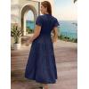 image:imageECOWISH Summer Maxi Dress for Women Casual Flowy V Neck Short Sleeve A Line Empire Waist Tiered Long Dresses with Pockets25navy Blue
