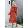 image:imageECOWISH Womens Casual Midi Dresses Solid V Neck Short Sleeve Button Shirt Belted Dress with Pockets for Spring Summer 2026223caramel Red