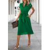 image:imageECOWISH Womens Casual Midi Dresses Solid V Neck Short Sleeve Button Shirt Belted Dress with Pockets for Spring Summer 2026Agreen