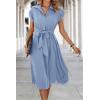 image:imageECOWISH Womens Casual Midi Dresses Solid V Neck Short Sleeve Button Shirt Belted Dress with Pockets for Spring Summer 2026Alight Blue