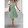 image:imageECOWISH Womens Casual Midi Dresses Solid V Neck Short Sleeve Button Shirt Belted Dress with Pockets for Spring Summer 2026Alight Green