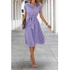 image:imageECOWISH Womens Casual Midi Dresses Solid V Neck Short Sleeve Button Shirt Belted Dress with Pockets for Spring Summer 2026Alilac