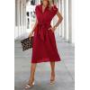 image:imageECOWISH Womens Casual Midi Dresses Solid V Neck Short Sleeve Button Shirt Belted Dress with Pockets for Spring Summer 2026Ared