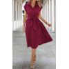 image:imageECOWISH Womens Casual Midi Dresses Solid V Neck Short Sleeve Button Shirt Belted Dress with Pockets for Spring Summer 2026Awine Red